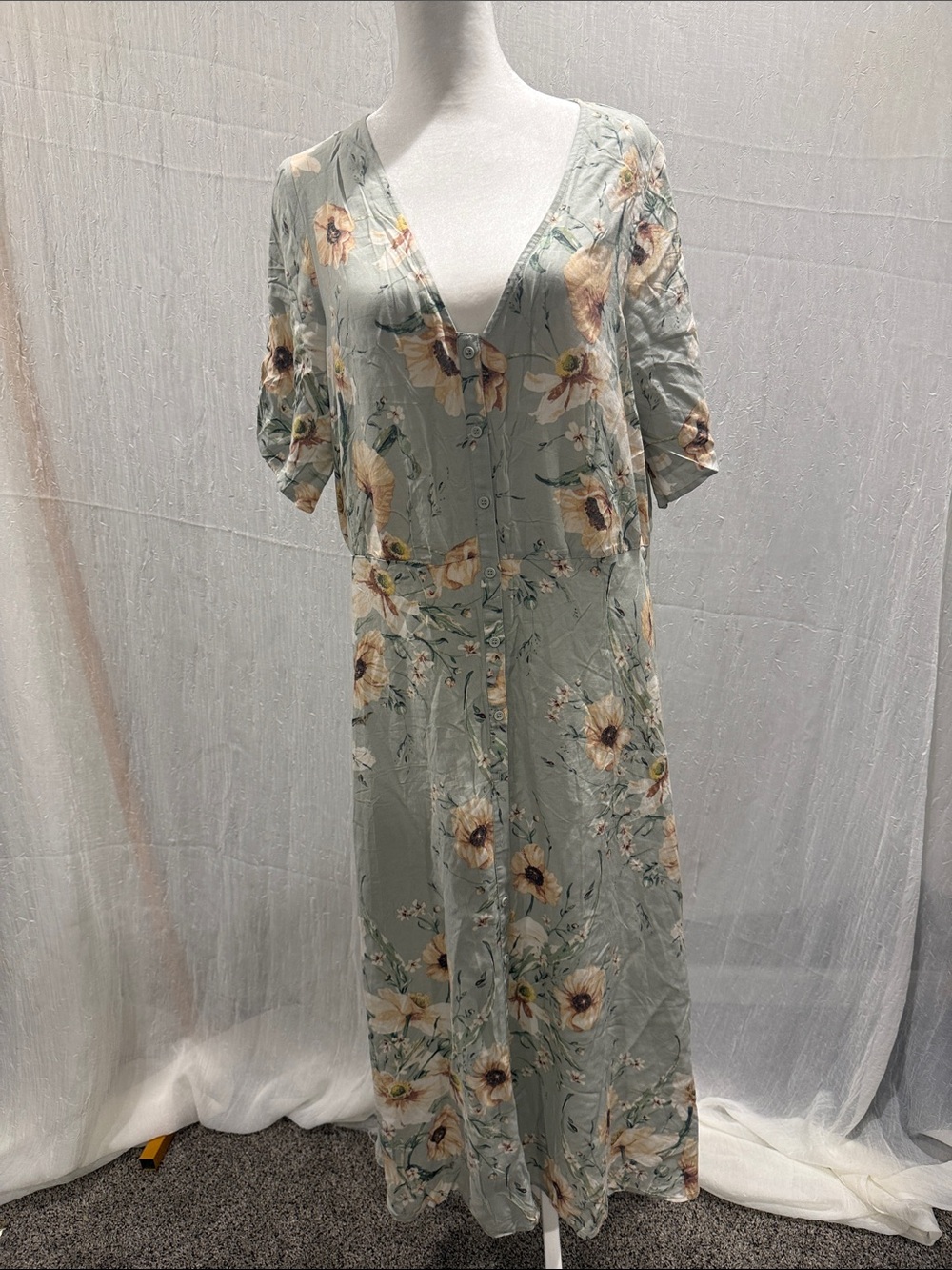 H&M Sage Green Floral V-Neck Maxi Dress